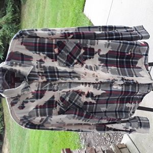GRUNGE Arizona Jeans Flannel Shirt Medium Bleach Dye Plaid Gray Pink Blue